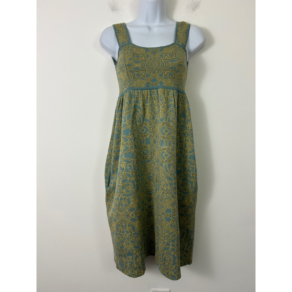 Peruvian Connection Dress XS Pima Cotton Damask Knit Midi Green Tan Pockets